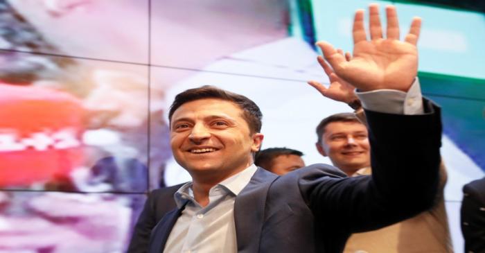 Candidate Zelenskiy reacts following the announcement of an exit poll in Ukraine's presidential