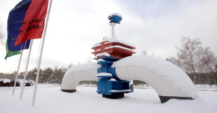 FILE PHOTO: A model of a pipeline is seen at the main entrance to the Gomel Transneft oil