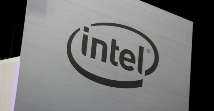 The Intel logo is shown at E3, the world's largest video game industry convention in Los