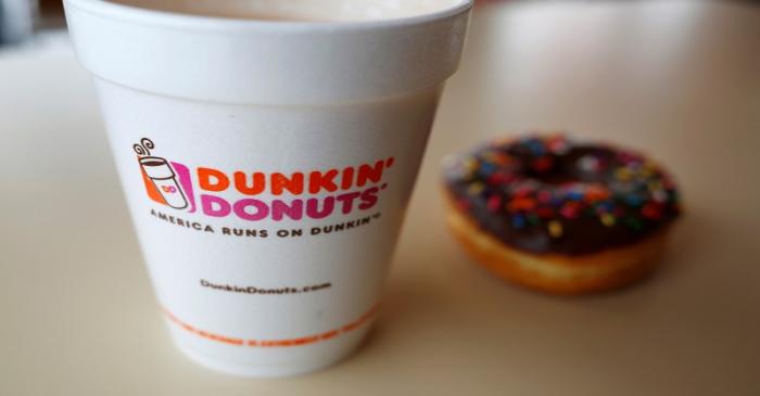 A drink and a doughnut are seen at a Dunkin' Donuts location in the Chicago suburb of Niles
