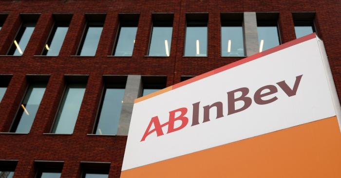 FILE PHOTO: The logo of AB InBev is pictured outside the brewer's headquarters in Leuven