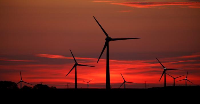 FILE PHOTO: Power-generating windmill turbines are pictured at sunset at a wind park in