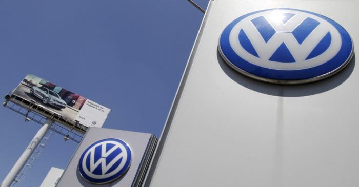 FILE PHOTO: The logo of German carmaker Volkswagen is seen at the Volkswagen (VW) automobile