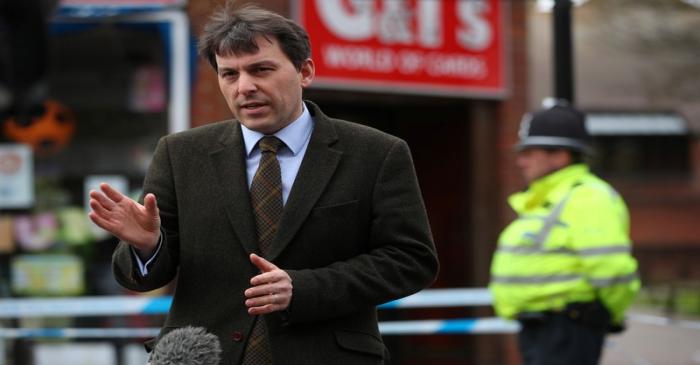 John Glen, local Member of Parliament for Salisbury and South Wiltshire, talks to the media in
