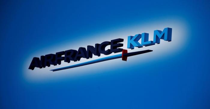 FILE PHOTO: The Air France-KLM company logo is seen at the annual shareholder meeting in the La