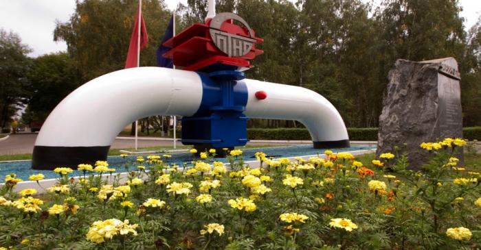 FILE PHOTO: Model of a pipeline is seen at the main entrance to the Gomel Transneft oil pumping