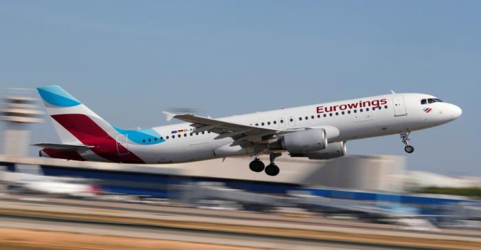 A Eurowings Airbus A320 airplane takes off at the airport in Palma de Mallorca