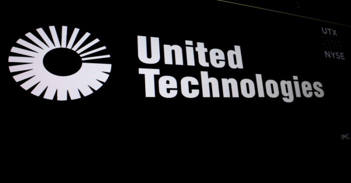 FILE PHOTO: United Technologies logo is displayed on a screen at the post where it's stock is