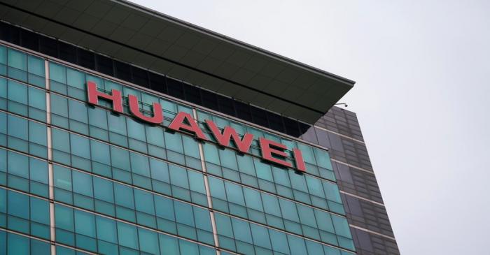 A Huawei company logo is seen at the company headquarters in Shenzhen