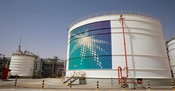 FILE PHOTO: An Aramco oil tank is seen at the Production facility at Saudi Aramco's Shaybah