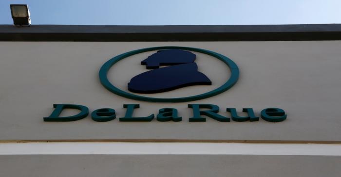 The corporate logo of De La Rue is seen at De La Rue Malta at Bulebel Industrial Estate in