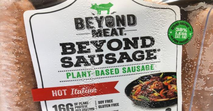 Products from Beyond Meat Inc, the vegan burger maker, are shown for sale at a market in