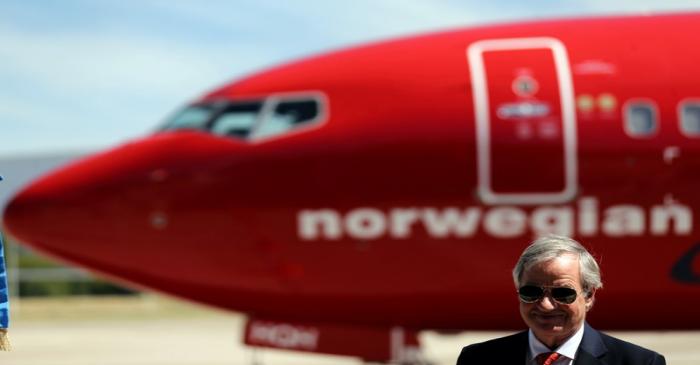 FILE PHOTO: Kjos, CEO of Norwegian Group, speaks during the presentation of Norwegian Air first