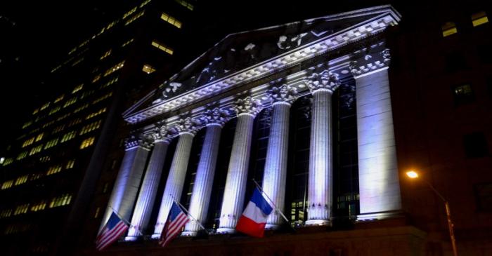 The New York Stock Exchange flies a French flag, in New York