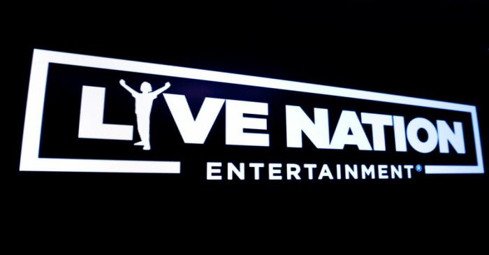 The logo for Live Nation Entertainment is displayed on a screen on the floor at the NYSE in New