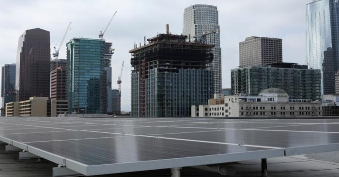 FILE PHOTO: Solar electric panels on residential bulding in down town Los Angeles