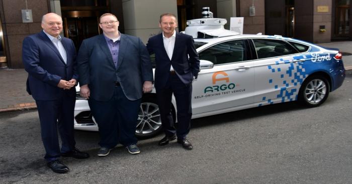 Ford President and CEO Jim Hackett, Argo AI co-founder Bryan Salesky and VW CEO Herbert Diess