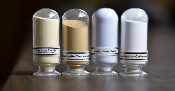 FILE PHOTO: Samples of rare earth minerals Cerium oxide, Bastnaesite, Neodymium oxide and