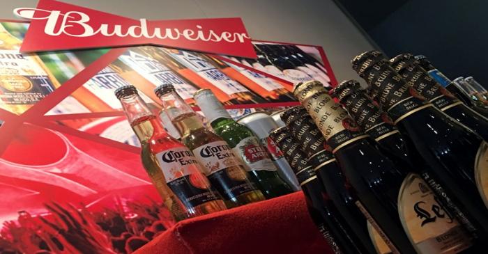 Portfolio beer brands of Budweiser Brewing Company APAC Ltd are displayed during a news