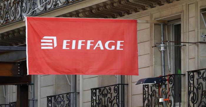 The logo of French construction group Eiffage is seen at a job site in Paris