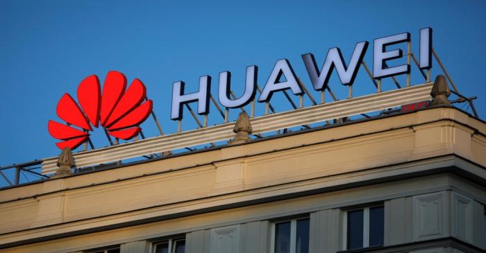 The Huawei logo is pictured in central Warsaw