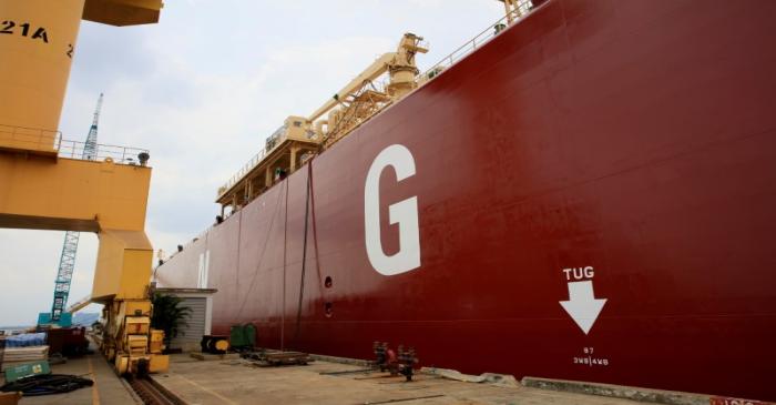 FILE PHOTO: A South Korean-owned LNG tanker vessel is seen at Sembawabg shipyard in Singapore