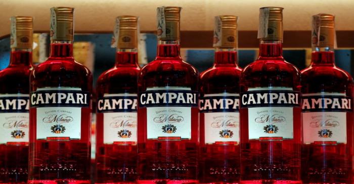 Campari bottles are seen in a bar downtown Milan