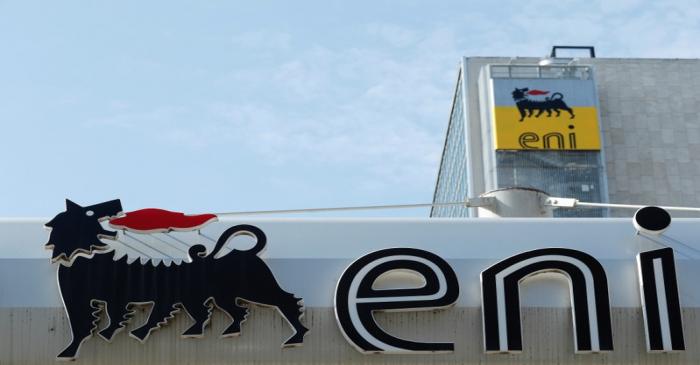 FILE PHOTO: The logo of Italian energy company Eni is seen at a gas station in Rome