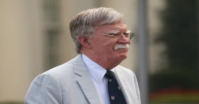 U.S. National Security Adviser John Bolton gives an interview to Fox News outside of the White