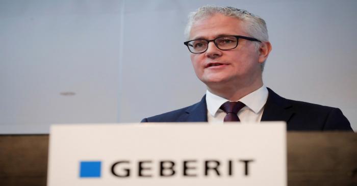 CEO Buhl of Swiss sanitary products company Geberit addresses a news conference to present the