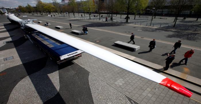 FILE PHOTO: A Vestas wind turbine blade displayed at an industrial trade fair in Hanover