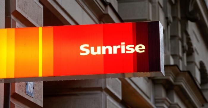 FILE PHOTO: The company's logo is pictured at a shop of Swiss telecoms company Sunrise in