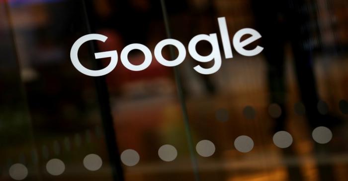 The Google logo is pictured at the entrance to the Google offices in London