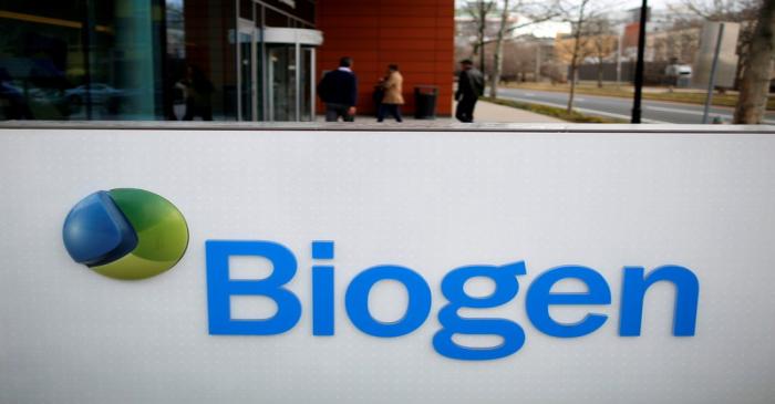 FILE PHOTO: A sign marks a Biogen facility in Cambridge