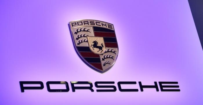 The Porsche logo as the reveal of the 2020 Porsche 911 Speedster at the 2019 New York