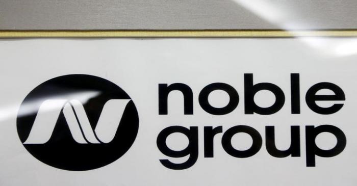 A Noble Group sign is pictured at a meet-the-investors event in Singapore