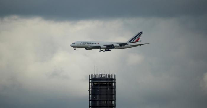 An Air France Airbus A380 airplane prepares to land at the Charles de Gaulle Airport in Roissy