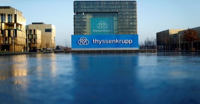 FILE PHOTO: A logo of Thyssenkrupp AG is pictured at the company's headquarters in Essen