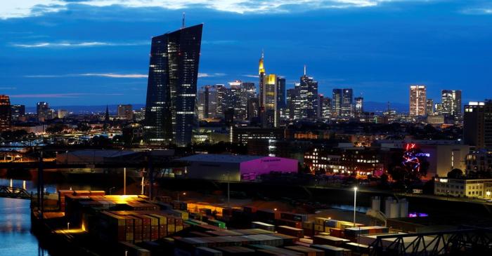 The skyline with its banking district and the European Central Bank (ECB) is photographed in