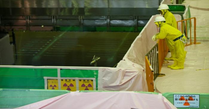 FILE PHOTO: Workers stand beside a spent fuel pool on the top floor of the No.5 reactor