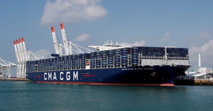 The CMA CGM Antoine de Saint Exupery container ship sits docked during its official