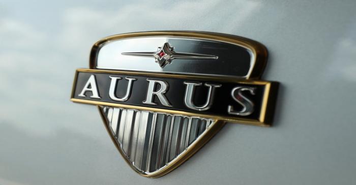 A view shows the logo of Russia's very first luxury car brand Aurus at a showroom in Moscow
