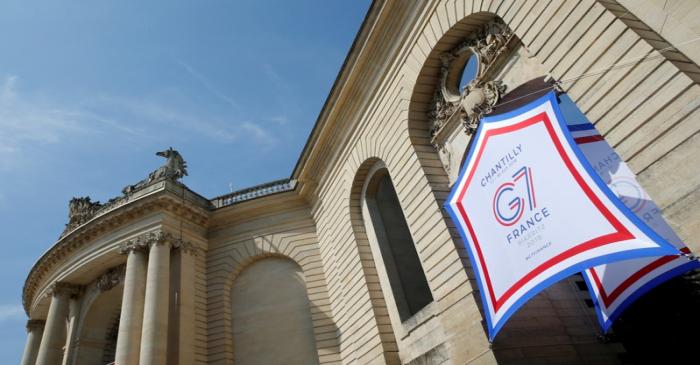 The logo of the G7 finance ministers and central bank governors meeting is seen in Chantilly