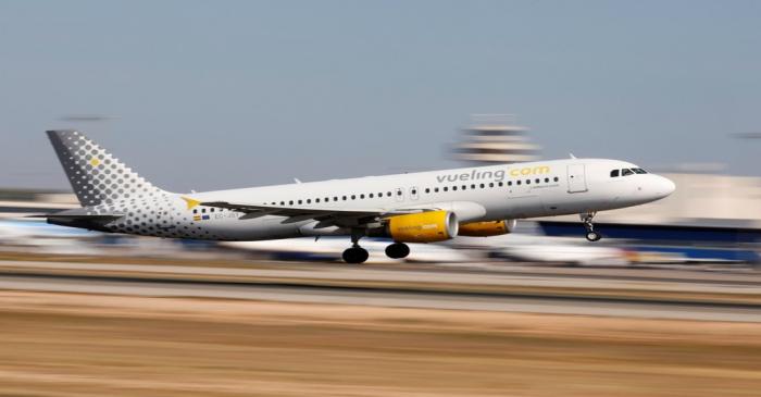 A Vueling Airbus A320 airplane takes off at the airport in Palma de Mallorca
