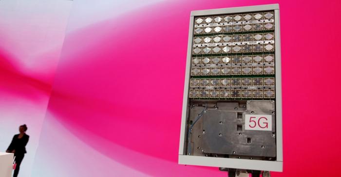 A 5G antenna of Swedish network infrastructure provider Ericsson is seen on stage during the