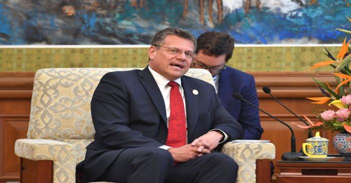 European Commission Vice-President Maros Sefcovic, talks to Chinese Premier Li Keqiang during
