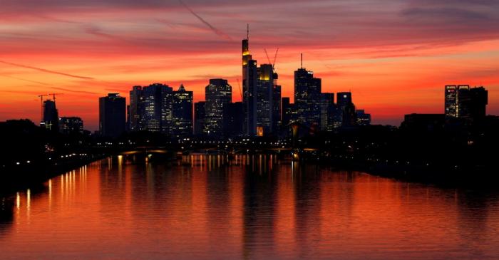 FILE PHOTO: The skyline with its financial district is photographed early evening in Frankfurt