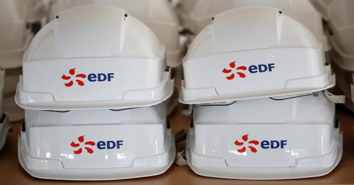 Safety helmets with the logo of the Electricite de France (EDF) are seen at the coal-fired