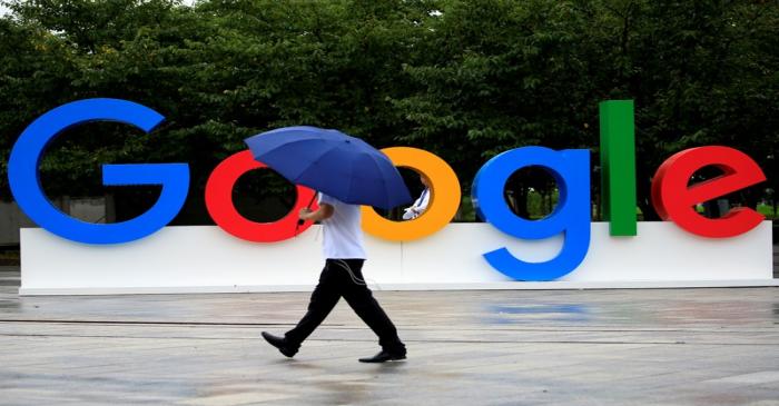 FILE PHOTO: A Google sign is seen during the WAIC (World Artificial Intelligence Conference) in