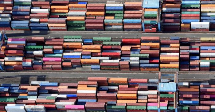 FILE PHOTO: Aerial view of containers at a loading terminal in the port of Hamburg